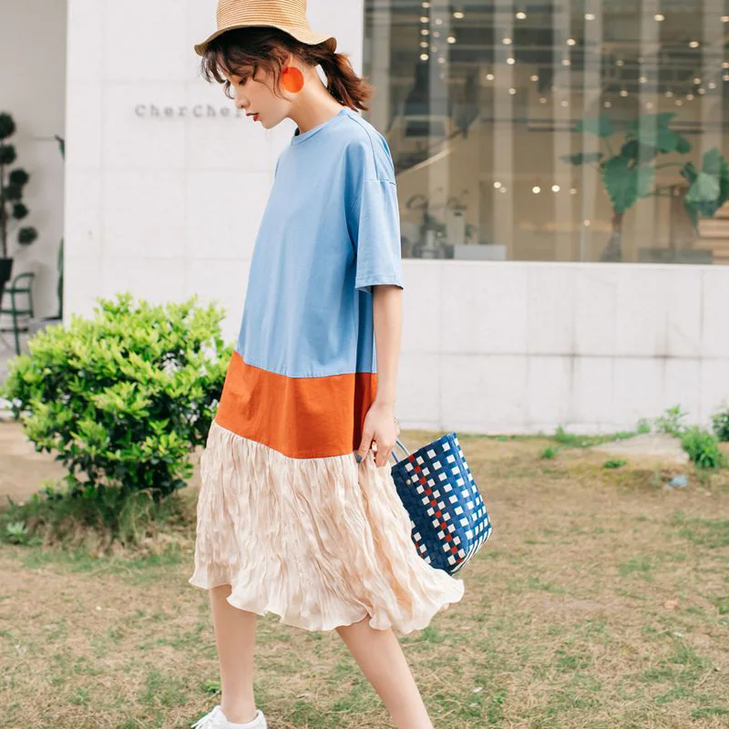 Дизайнерское платье футболка Cheerart Plissee синее лоскутное Повседневное с цветными