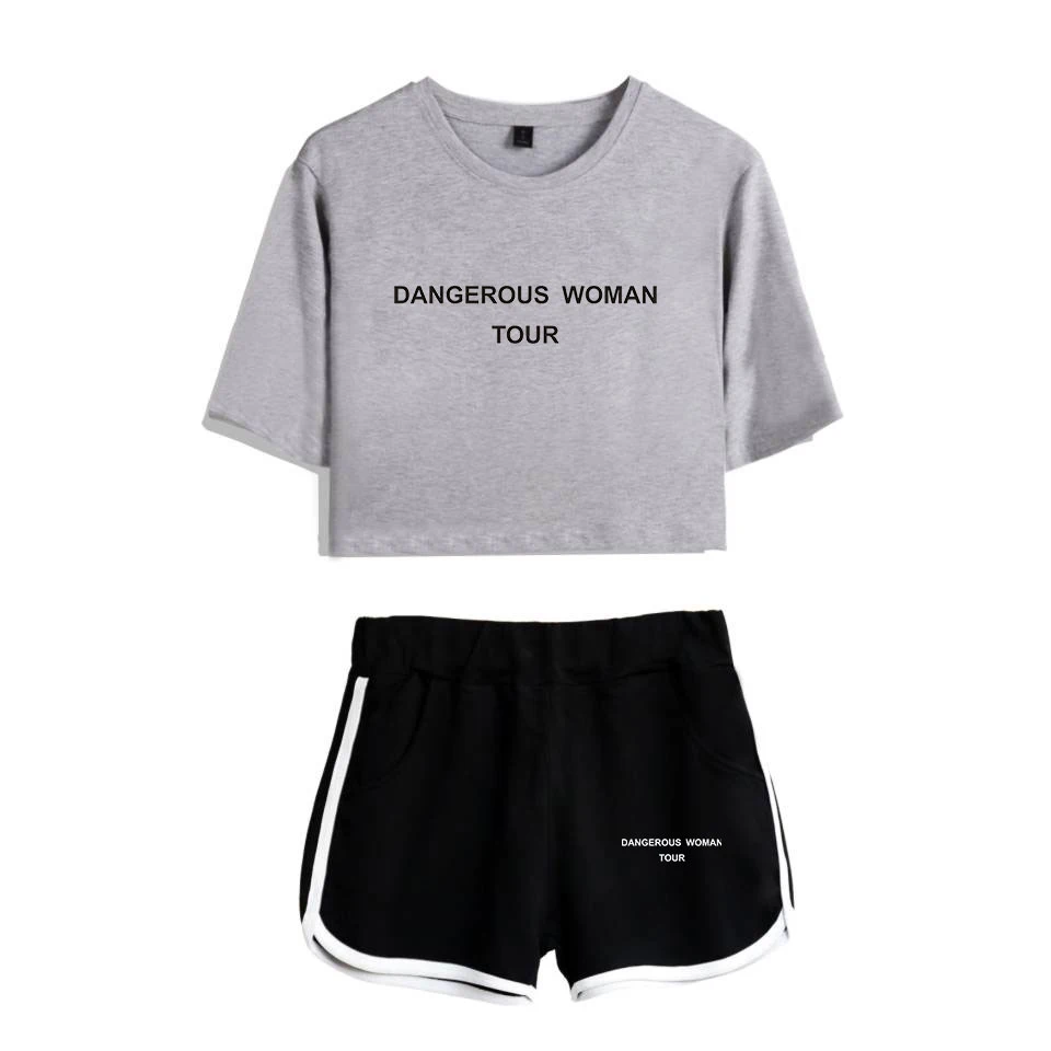 

Ariana Grande summer gril Crop Top sexy two piece set women short tshirt + shorts casual two piece outfits harajuku Sets clothes