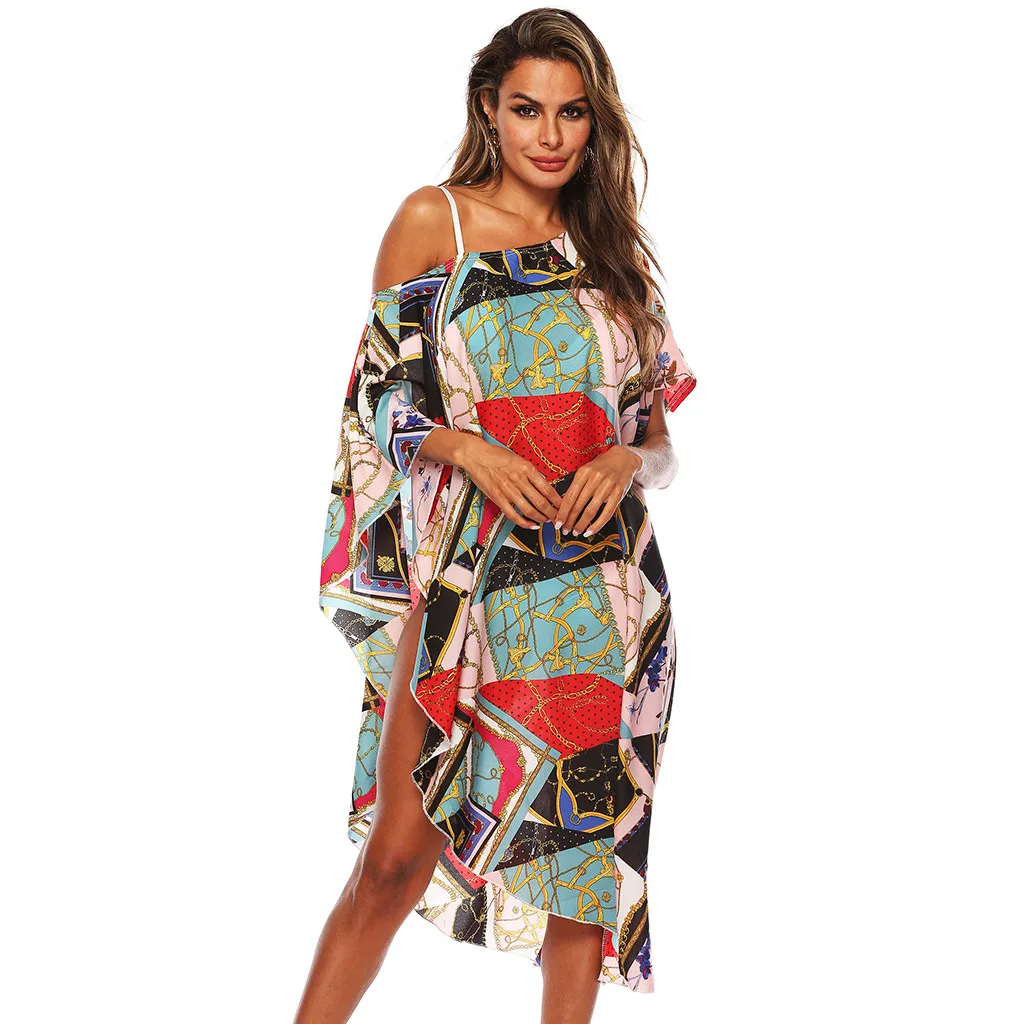 Womail Cover-Ups Women Sexy Off Shoulder Fashion Print Swimsuit Bikini Swimwear Dress Loose Short Sleeve swimwear W30418 | Женская