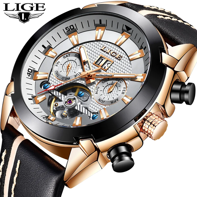 Часы наручные LIGE Мужские механические брендовые Роскошные водонепроницаемые в