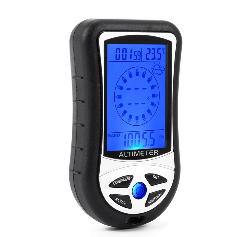 

8in1 LCD Digital Altimeter Compass Barometer Thermometer Weather Forecast Time Calendar Blue Backlight Portable Hiking Hunt Tool