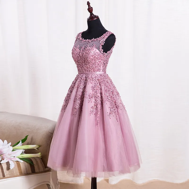 Robe De Soiree красный o-образный Вырез Аппликация до колена и отделка бисером тюль А-силуэт без рукавов вечерние платья для выпускного вечера невесты