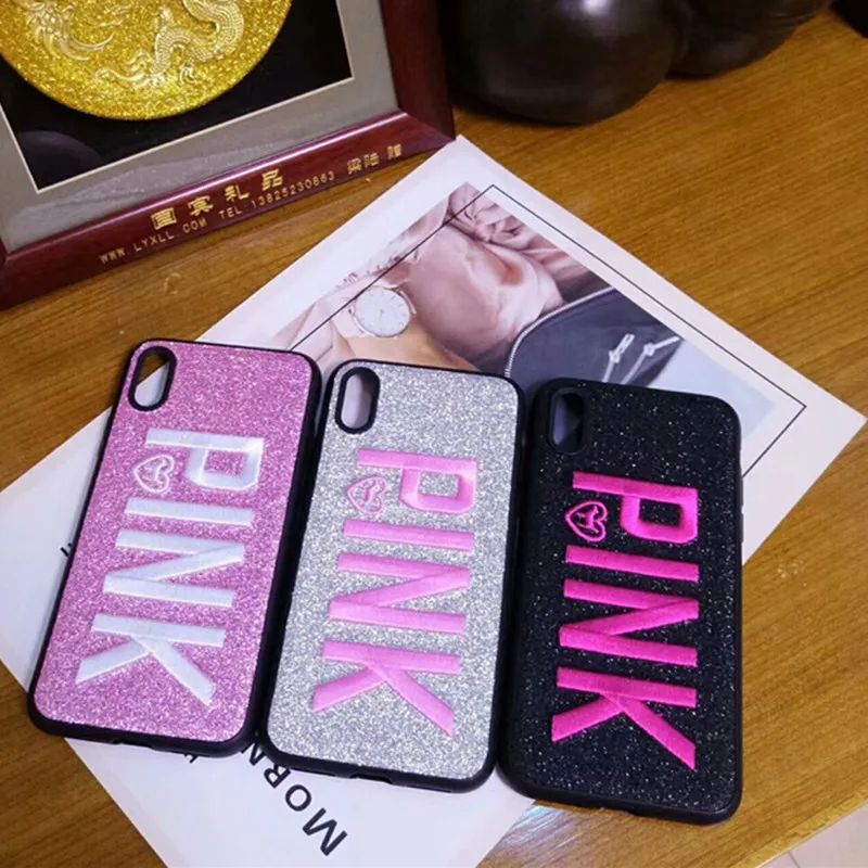 Luxury Brand Glitter 3D Embroidery PINK Love heart Case for iPhone 6 6s 7 8 plus X XR XS Max Fashion Hot Pink Cute Phone cover |