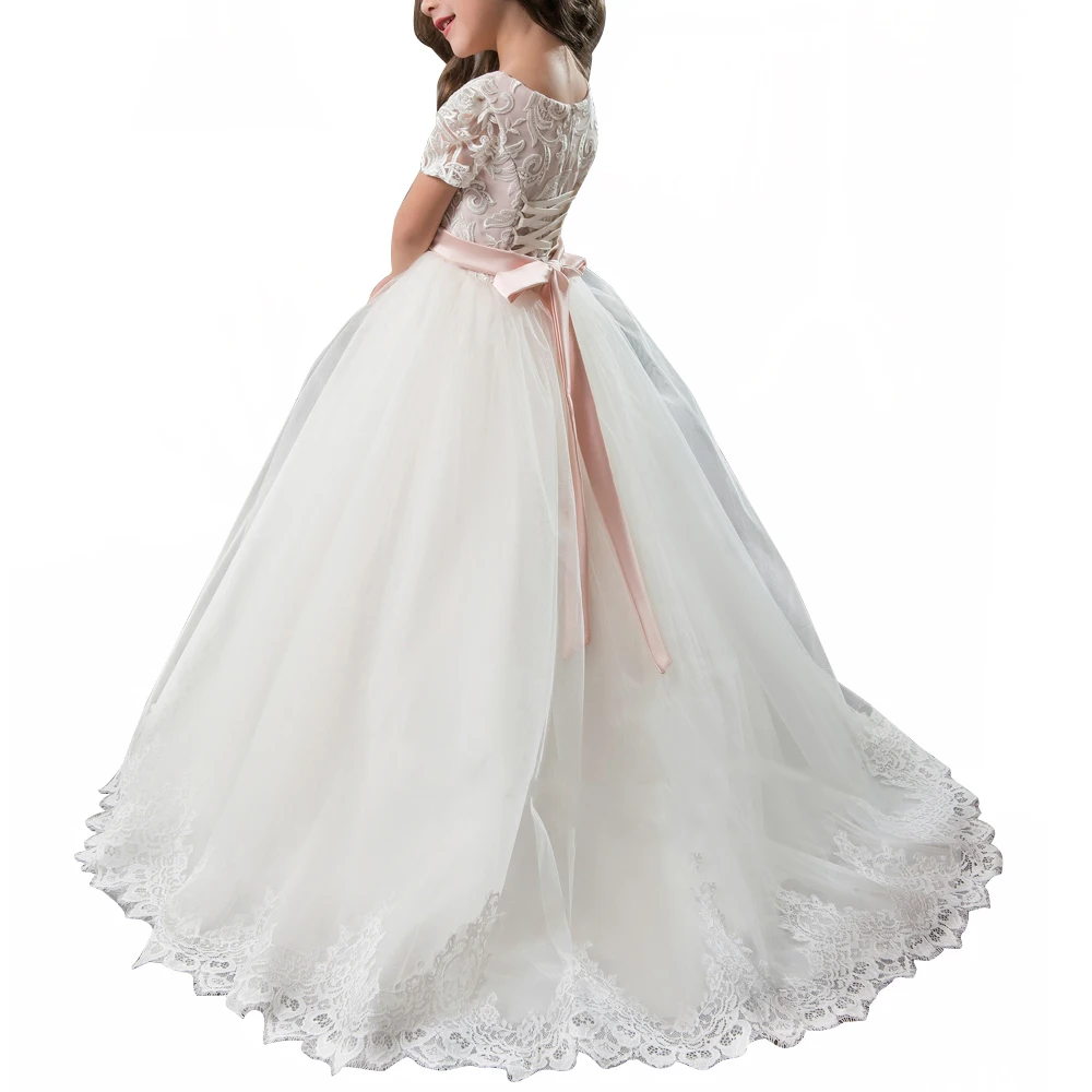 Fancy pink little girls dress long flower girl kids ball gown with sash first communion dresses for | Детская одежда и обувь