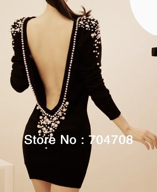 Free shipping Sexy big racerback pearl inlaying elegant ladies slim hip winter basic one piece dress(S M L)|dress business casual attire|dresses