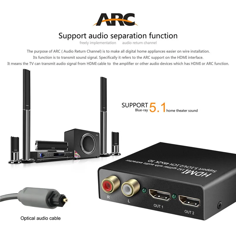 NewBEP 4K HDMI Splitter 1X2 with Audio Extractor + Optical and R/L Output Powered for Apple TV PS4 Xbox |