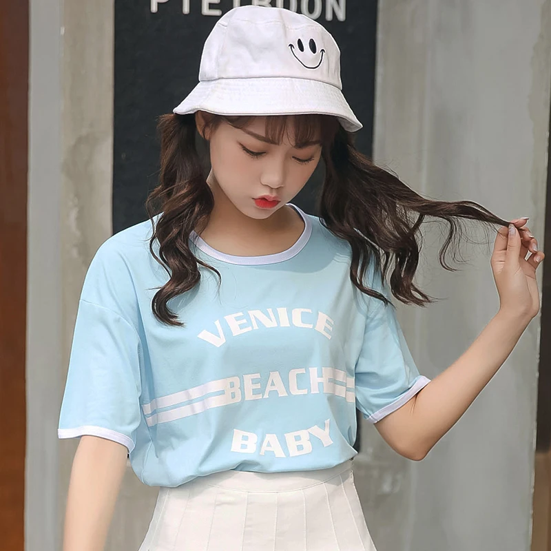 Women's T-shirts Japan Harajuku Ladies Ulzzang Letter Printed Round Neck T-shirt Female Korean Kawaii Tops For Women Clothes | Женская