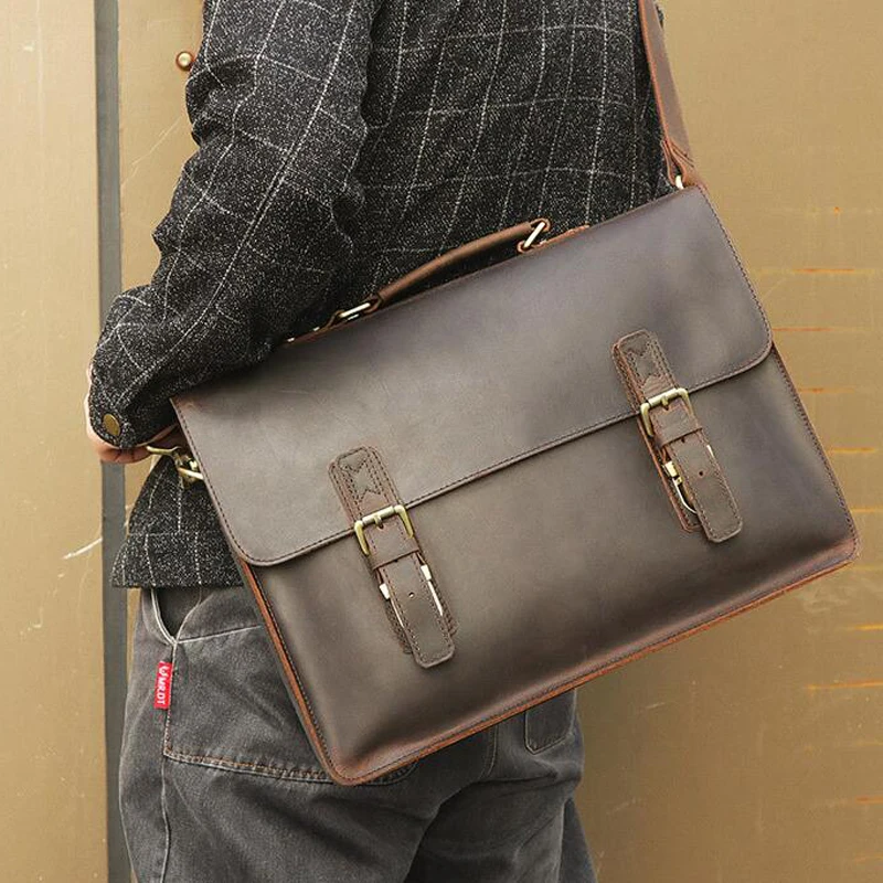 LEXEB Brand Men's Vintage Classic Crazy Horse Briefcase Genuine Leather Messenger Bags 15 Laptop High Quality Business Bag Brown | Багаж и