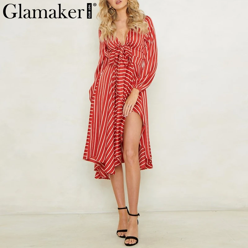 Женское платье миди в полоску Glamaker элегантное вечернее с v образным вырезом