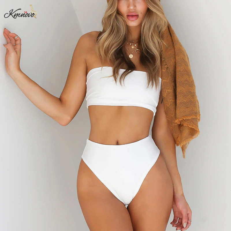 Kmnovo Brand Off Shoulder Bikini Set Sexy Boob Tube Top Swimwear Biquini Padded Solid Bathing Suit Maillot De Bain Femme |
