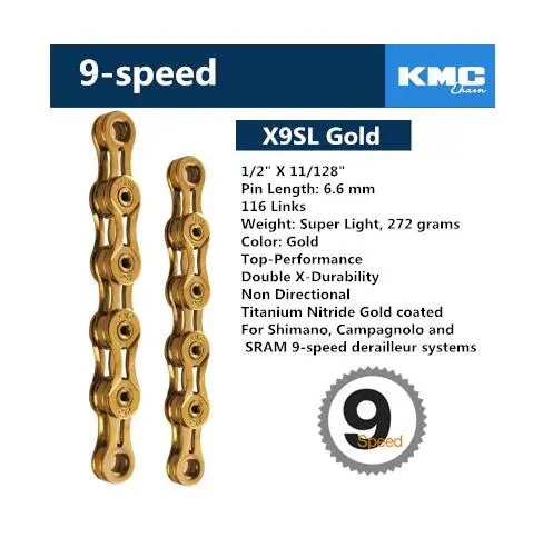 X9 SL Gold KMC MTB цепь для дорожного велосипеда X8 X9 X9sl X10 X10sl X11SL для детей 8, 9, 10, 11, S Скорость 116L серебряная с золотом цепь светильник гоночные велосипедные аксессуары - Цвет: X9 SL Gold