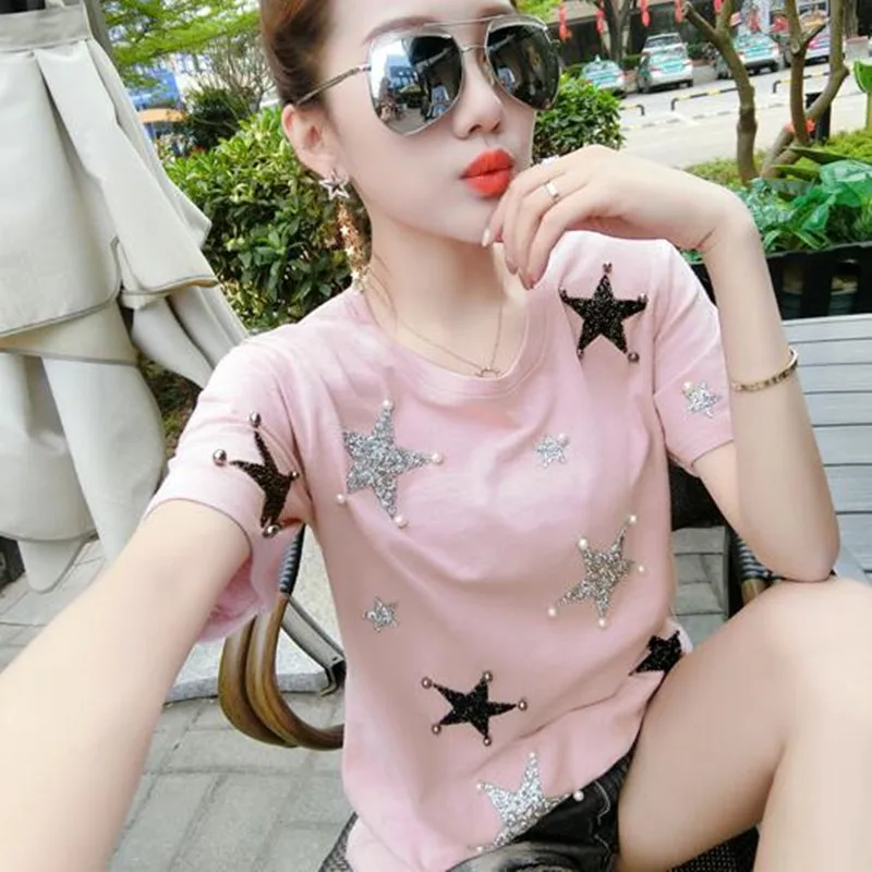 Женская футболка с коротким рукавом белая жемчугом и стразами летняя пентагоном