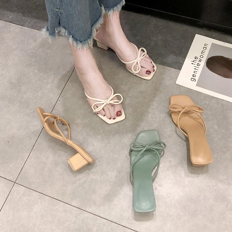 HEE GRAND/Новые летние женские шлепанцы на среднем каблуке однотонные туфли лодочки