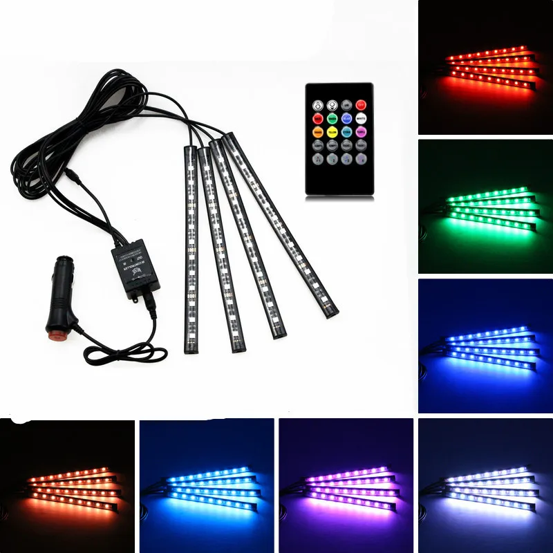 4*12 leds Car Foot Light Ambient Lamp RGB Music Control Multiple Modes Automotive Interior Decorative Lights with Remote Control