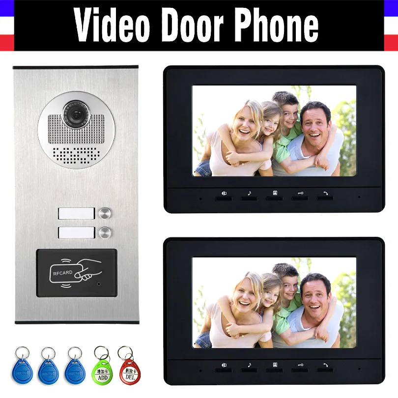 2 eenheden Appartement Intercom Systeem Video-Intercom Video Deurtelefoon Kit HD Camera 7 "Monitor met RFID keyfobs voor 2 huishoudelijke