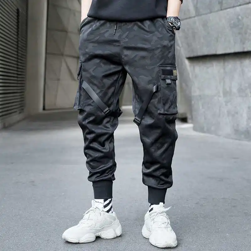 

Men Ribbons Color Block Camo Pocket Cargo Pants 2019 Harem Joggers Harajuku Sweatpant Hip Hop Trousers