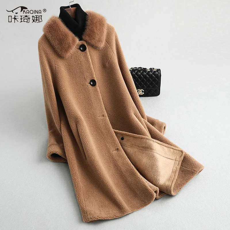 ShaMo camel AYUNSUE пальто из натурального меха Женская норковая шуба воротник шерсть пальто зимняя куртка женская одежда мех ягненка корейские куртки MY3500 - Цвет: ShaMo camel