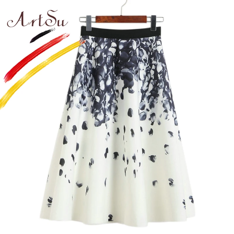

ArtSu Vintage Floral Print High Waist Pleated Skirt Black White Winter A-Line TuTu Midi Skirt Women 2017 Casual Saia Streetwear
