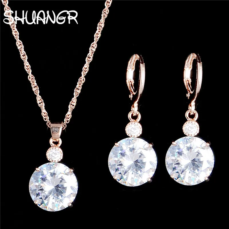 SHUANGR New Arrival Round Clear Crystal Set Gold Color Pendants Necklaces /Earrings Stud 2pcs Jewelry Set/Arete H327 | Украшения и