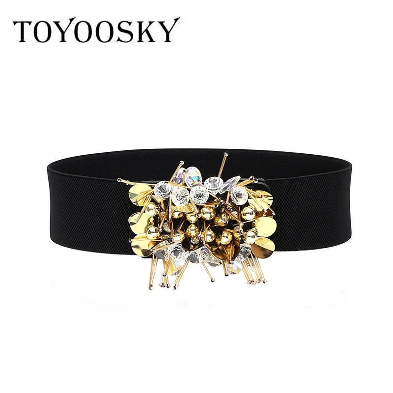 

New Elegant Women Wide Elastic Belt Bling Rhinestone Flower Tassels Solid All-Match Waistband Alloy Double Snap Belts for Woman