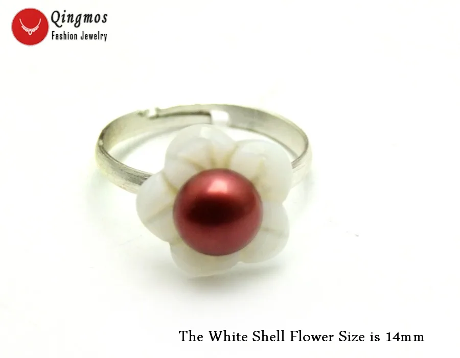 Qingmos Natural Red Pearl Ring for Women With White Shell Flower &amp 7-8mm Flat Opening Adjustable #8-#9 Jewelry rin41 | Украшения и
