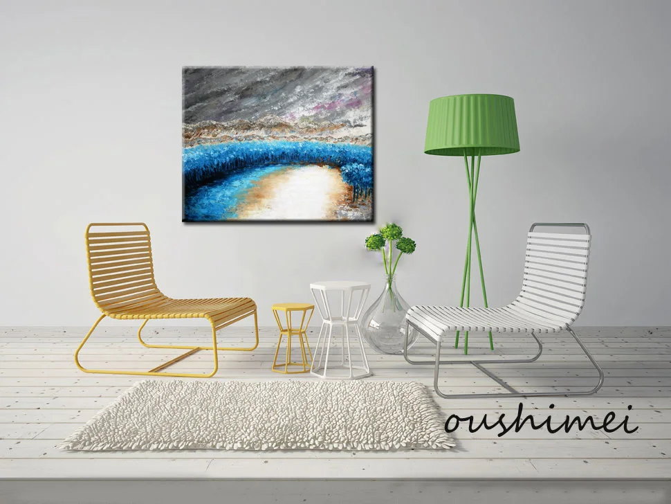 

Handmade Wall Art Decor Abstract Blue Forest Lake Surrounded by Mountains Good Texture Oil Painting on Canvas Hand Paint Artwork