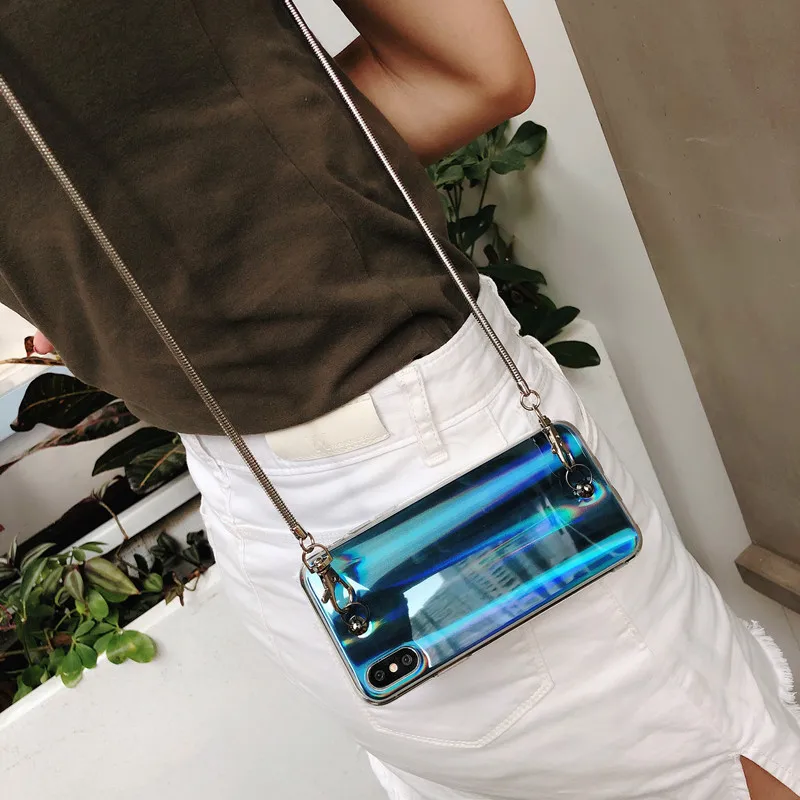 Netarlier Fashion Aurora Phone Case For iphone 6 6S 6Plus 7 8Plus IX XR Xs Max Laser TPU Soft Back Cover With Metal Chain |