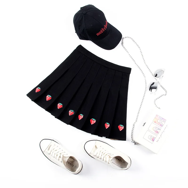 Women Pleat Skirt Harajuku Preppy Style Strawberry Print Skirts Mini Cute Japanese School Uniforms Ladies Jupe Kawaii Skirt