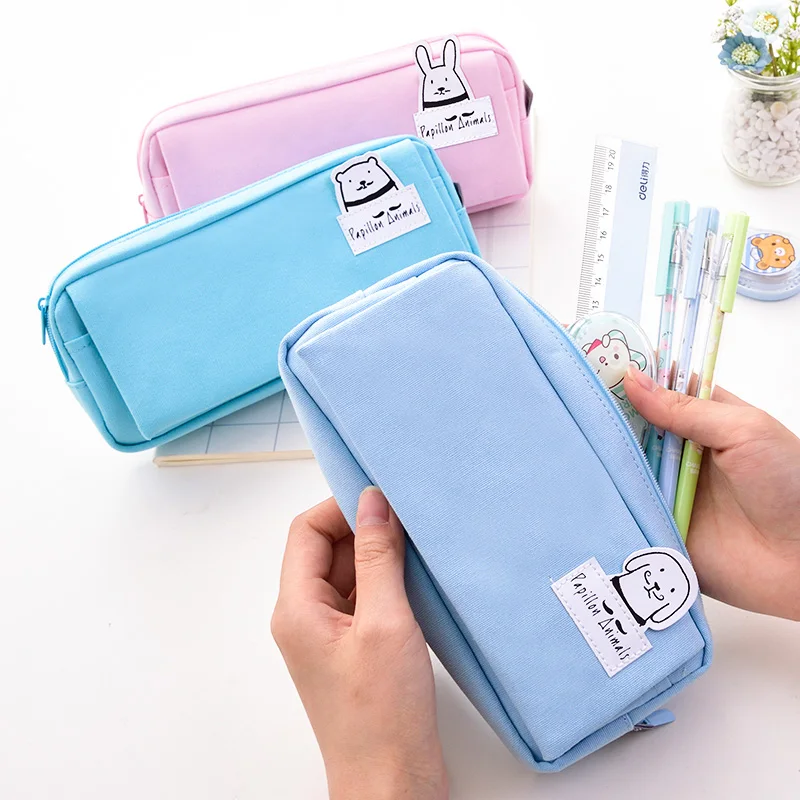 

Fabric Pencil Bag Zip Pen Pouch 3 Pockets Pencil Case Students Stationery Storage Bag School Office Business Trip Deli 66775