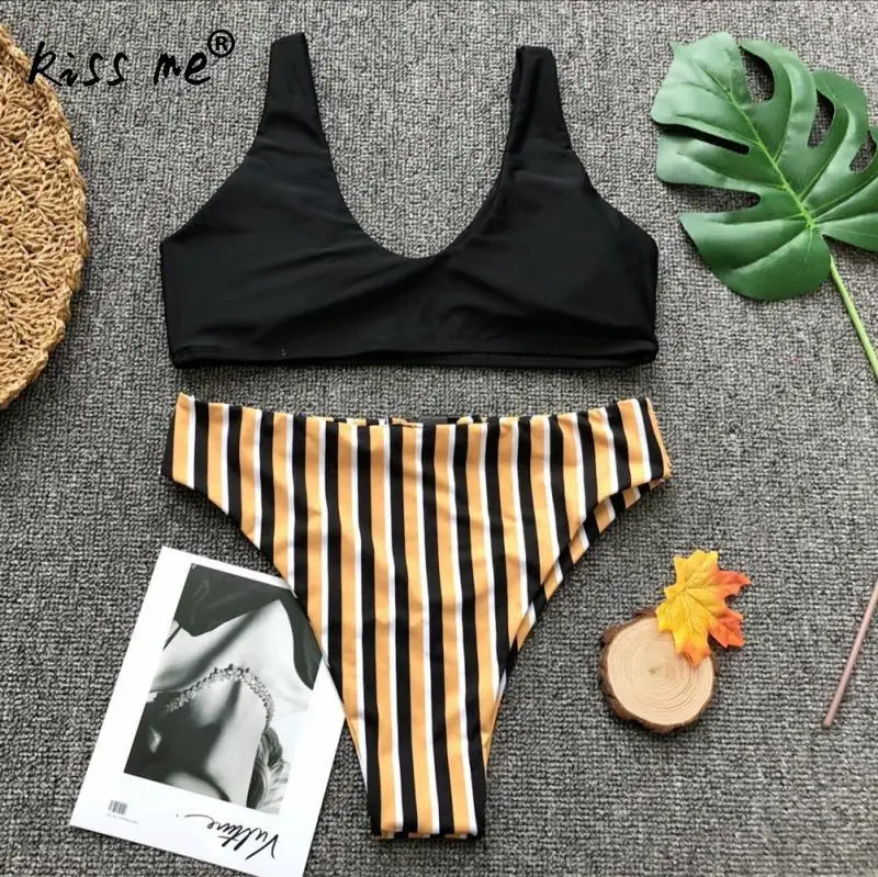 2018 Новый женский купальник танкини с высокой талией в полоску бикини одним