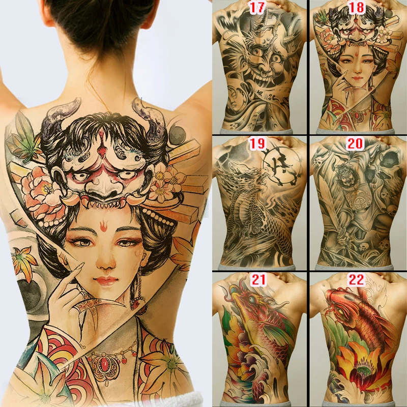 

New big Masked geisha tattoo sticker full back chest temporary tattoos large fake tattoo female Dragon devil tiger carp designs