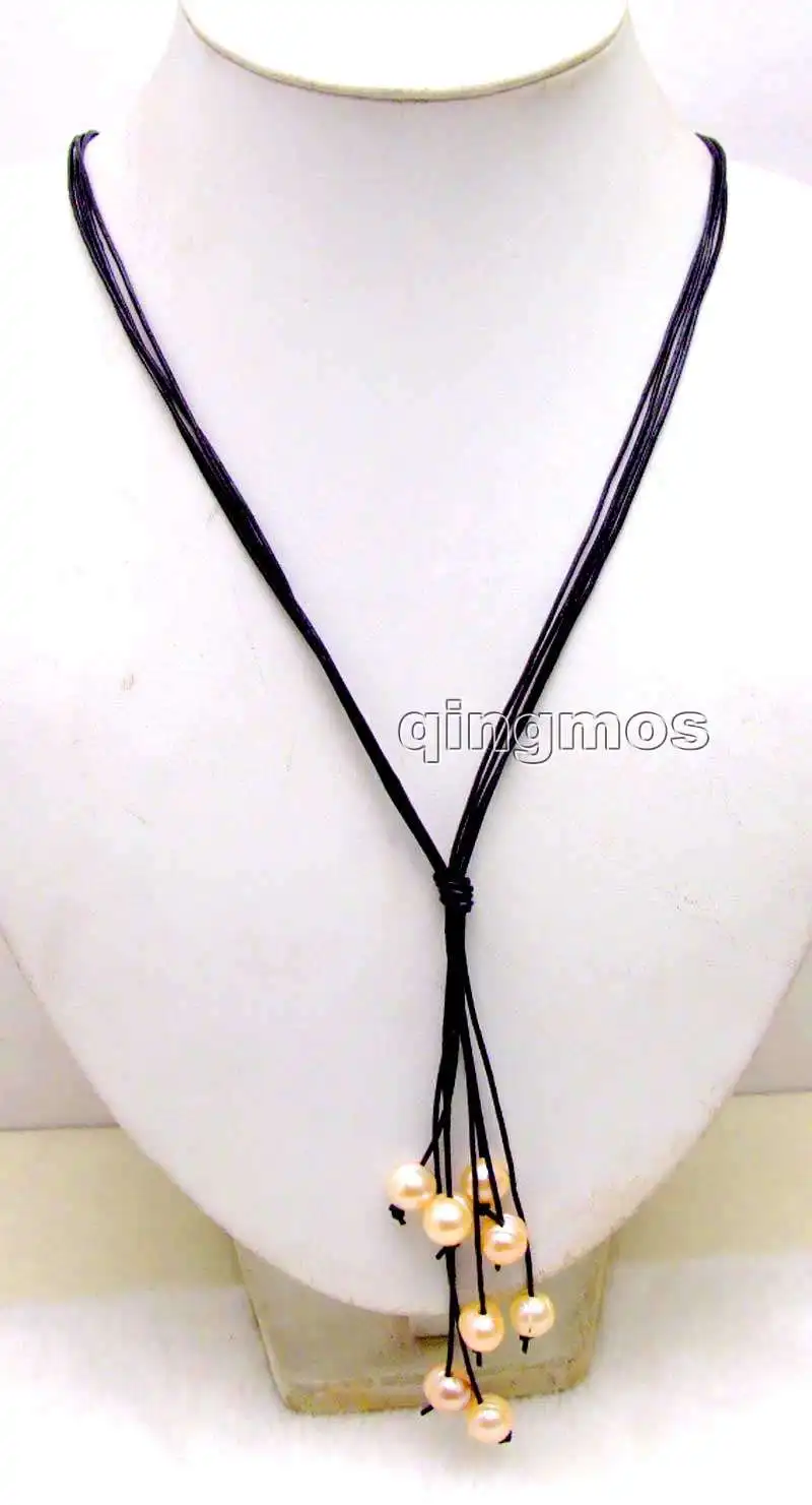 Big 10-11mm Pink Potato Natural Freshwater Pearl &amp Black Leather 4 strands 32&quot Long Necklace-nec6148 Wholesale/retail Free ship |