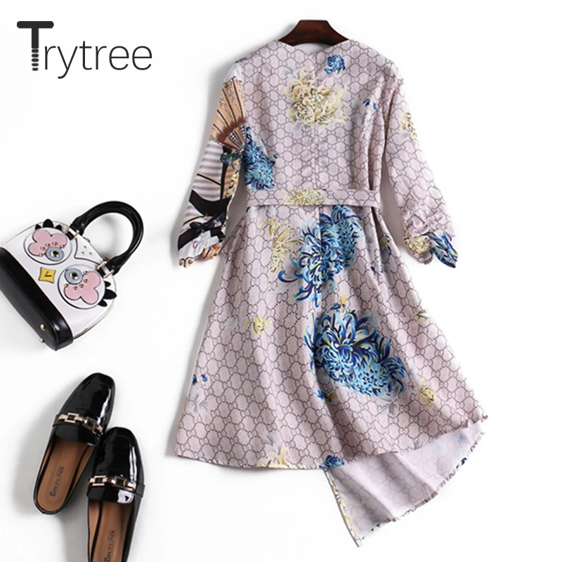 Trytree лето осень Хай стрит Irregul платье из набивной ткани Для женщин с рукавом три
