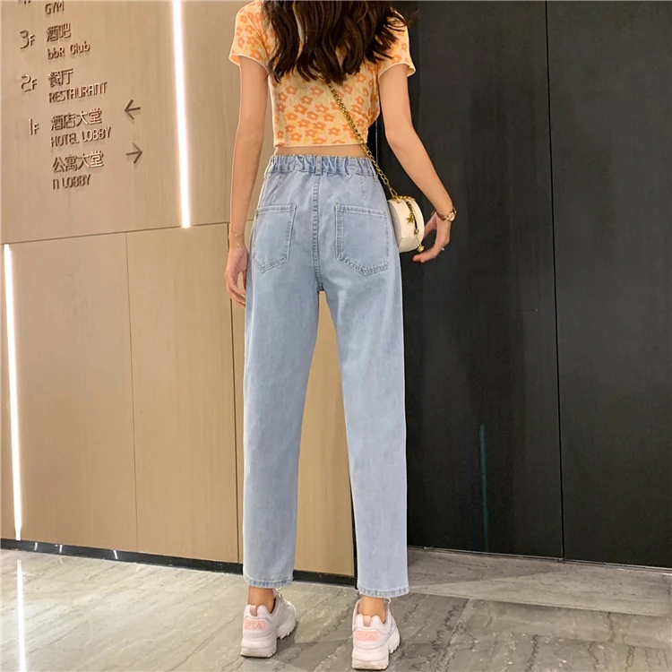 RUGOD Women blue denim pants hole diamond slim high wide leg pants new fashion female jeans femme ripped plus size glitter