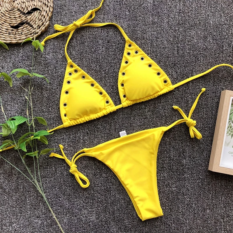 Bikinx Пряжка желтый бикини 2018 женский треугольный купальный костюм галстук ап