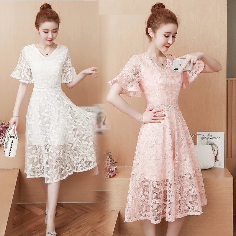

Short Sleeve Dress Women Summer 2018 Korean Style Elegant V Collar Lace Dresses Fashion Super Fairy Clothes Female Vestido A188
