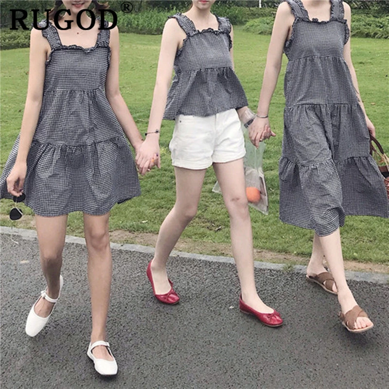 RUGOD 2019 клетчатое свободное женское платье на бретелях летняя с высокой талией