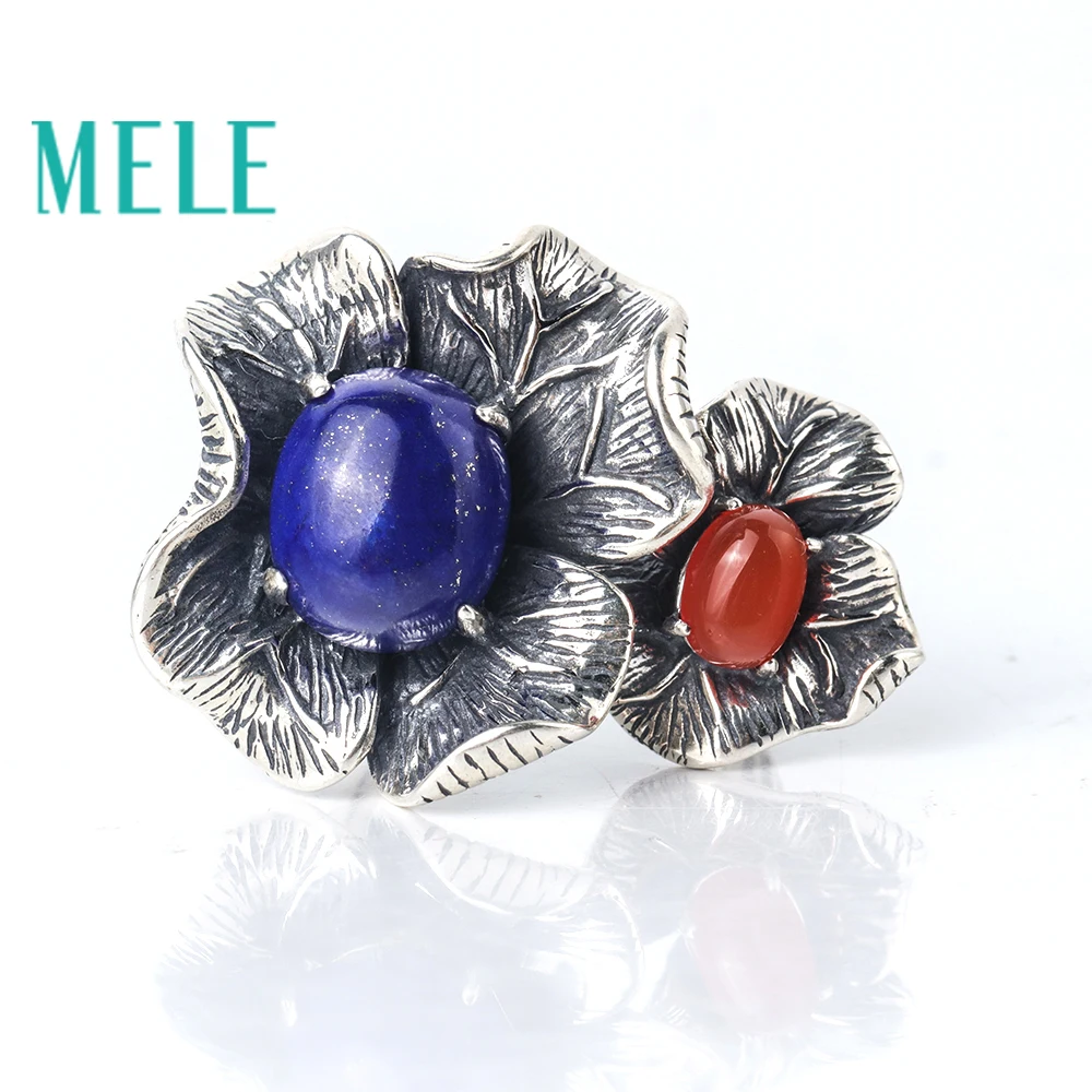 

Natural Lapis lazuli and red agate rings for women,925 sterling silver fashion vintage big petal-shaped statement trendy jewelry