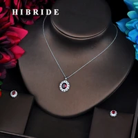 hibride brilliant red oval flower cubic zircon pendant jewelry sets long link chain necklace sets earings set women gifts n 550