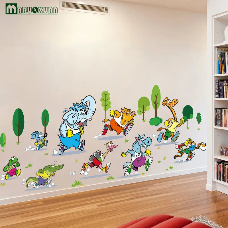 Maruoxuan Animals Marathon Cartoon Stickers Children's Room Living Bedroom Background Decorative PVC Wall | Дом и сад