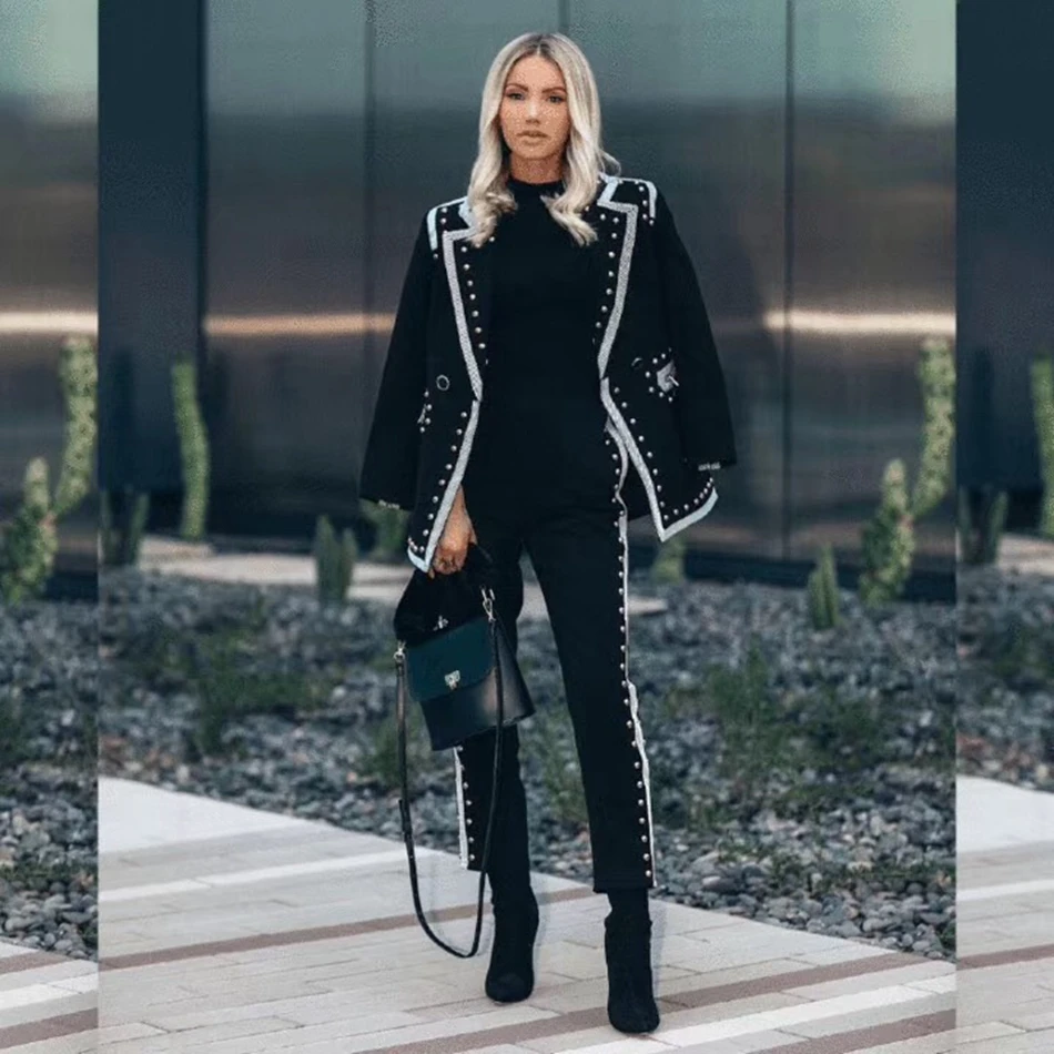 Женский Облегающий комбинезон черный с длинным рукавом и бусинами|Комбинезоны c