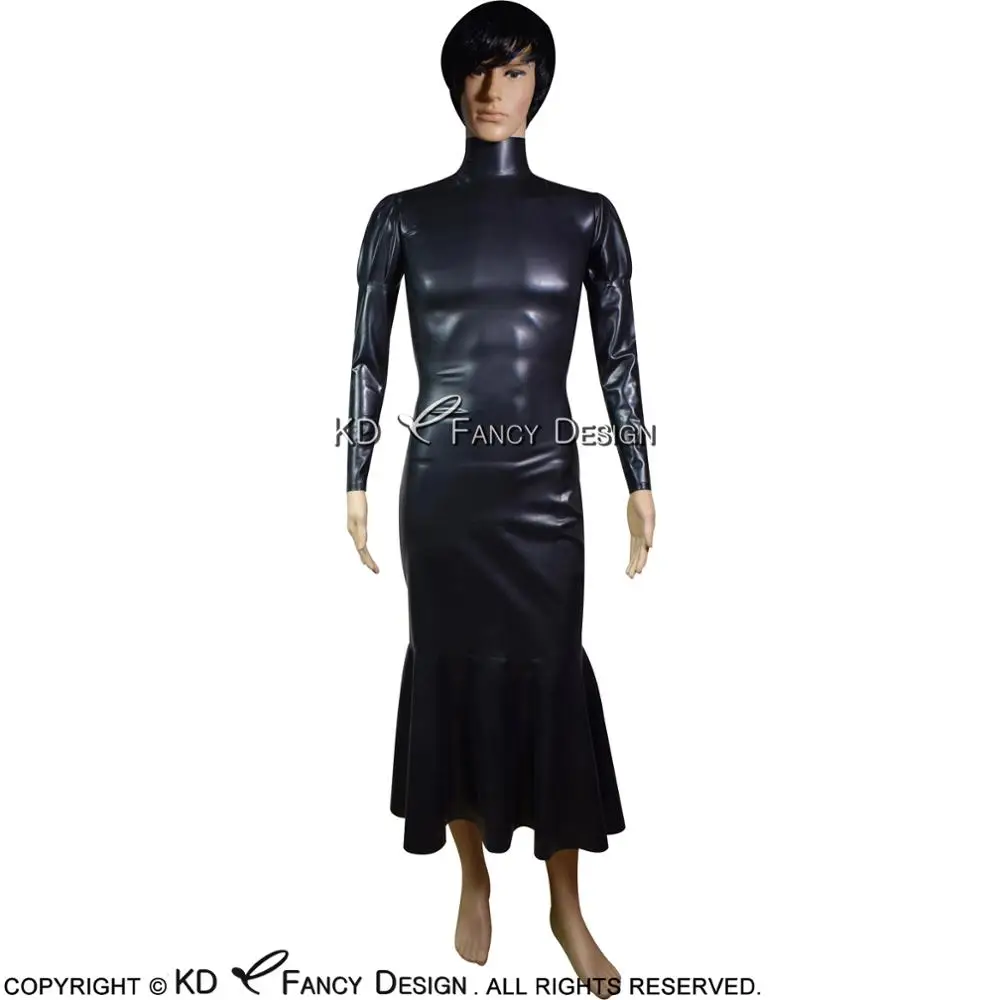 

Black Sexy Latex Dress With Puff Sleeves Lacking At Back Open Rubber Bodycon Playsuit Plus Size LYQ-0069