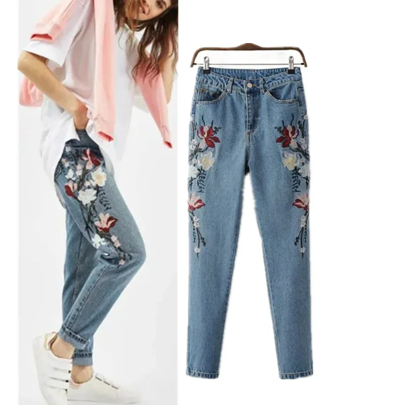 Женские джинсы с цветочной вышивкой винтажные прямые джинсовые брюки