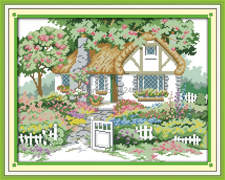 Весенний сад красивый коттеджный домик пейзаж рисунок печатный на холсте DMC 14CT 11CT