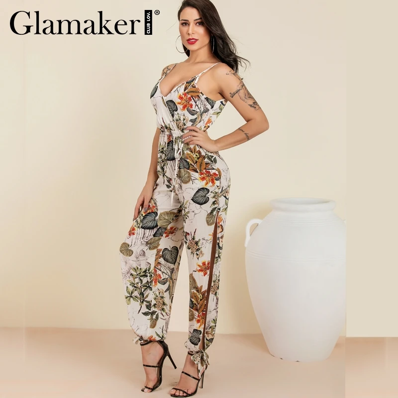 Женский комбинезон с цветочным принтом Glamaker длинный без рукавов треугольным