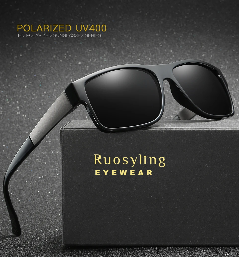 Ruosyling UV 400 поляризованные мужские солнцезащитные очки Квадратные Солнцезащитные очки Мужские Винтажные TR 90 Ультра-светильник матовые черные темные солнцезащитные очки для пляжа