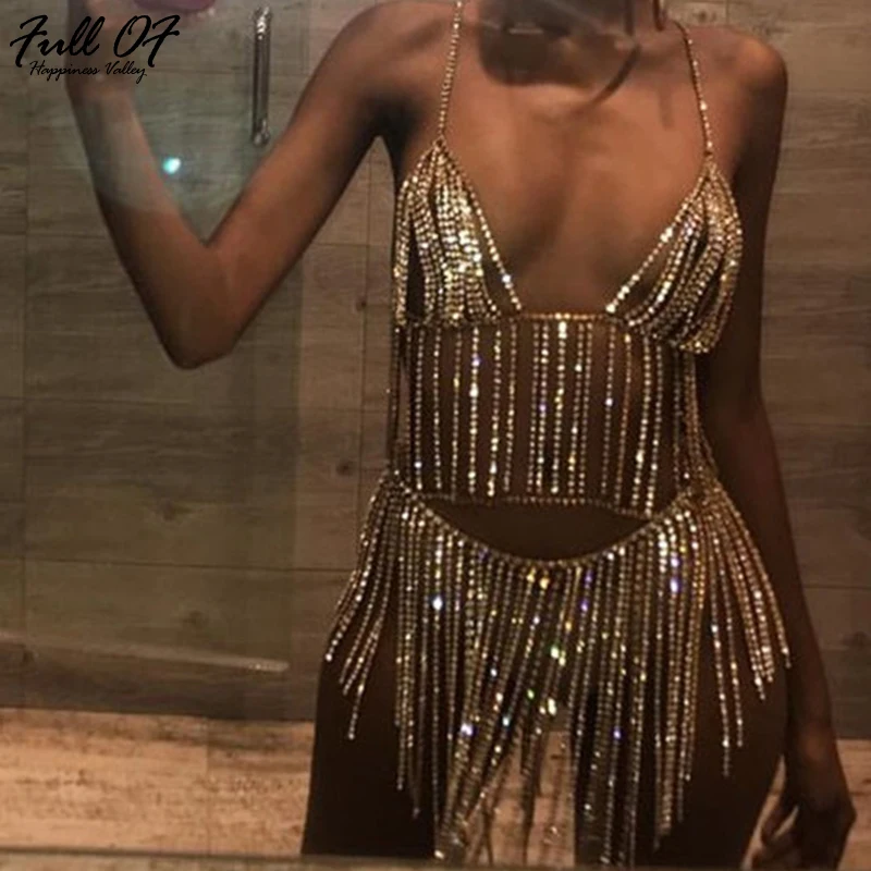 

Sexy Metal Chain Crystal Diamonds Women Dress Summer Tassel Sequins Sparkling 2 Two piece Luxury Nightclub party Dresses vestido