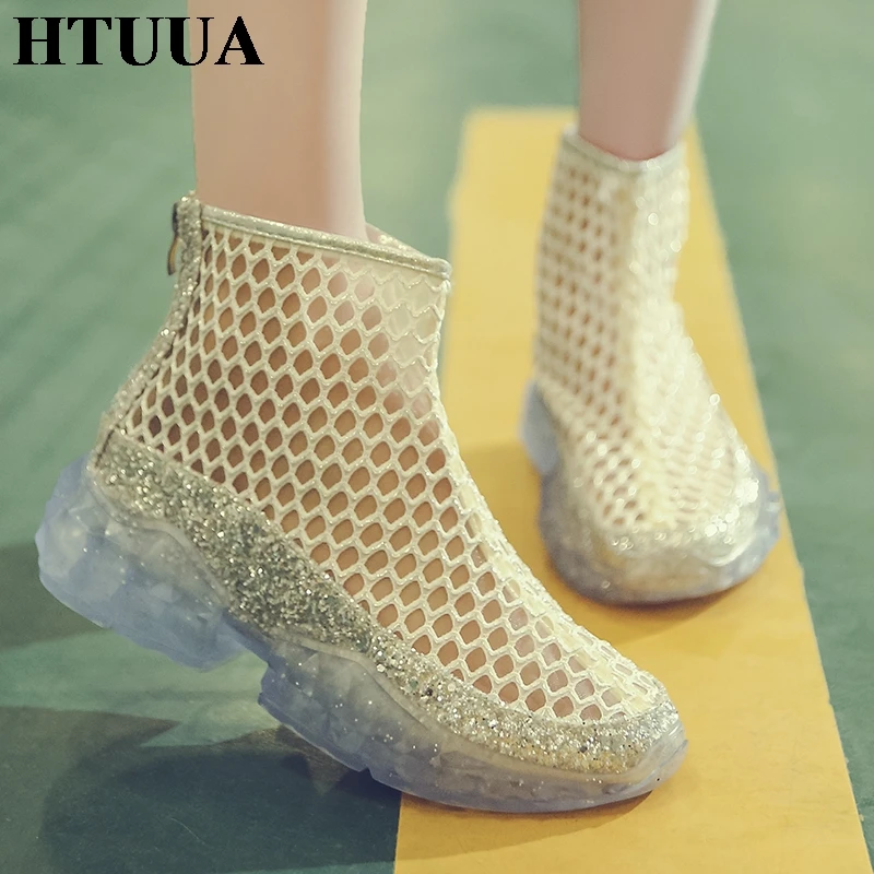 HTUUA/2019 женские босоножки из дышащей сетки Летняя обувь на платформе и танкетке