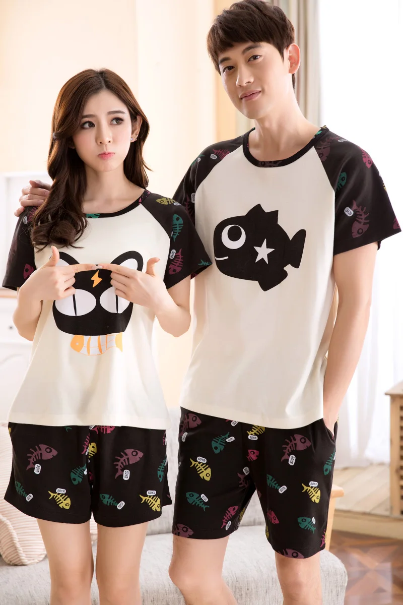 

New summer lovers pajamas cartoon cat and fish cute girls pijama high quality sleepwear men plus size XXXL pyjamas women