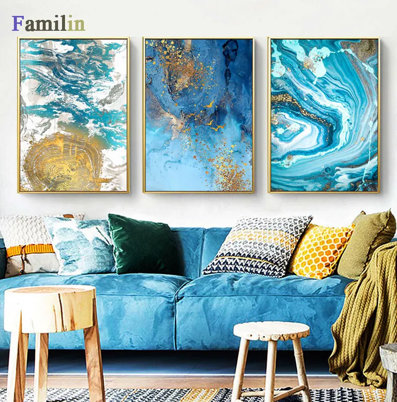 Скандинавский абстрактный цвет синий золотой Холст картина плакат и печать